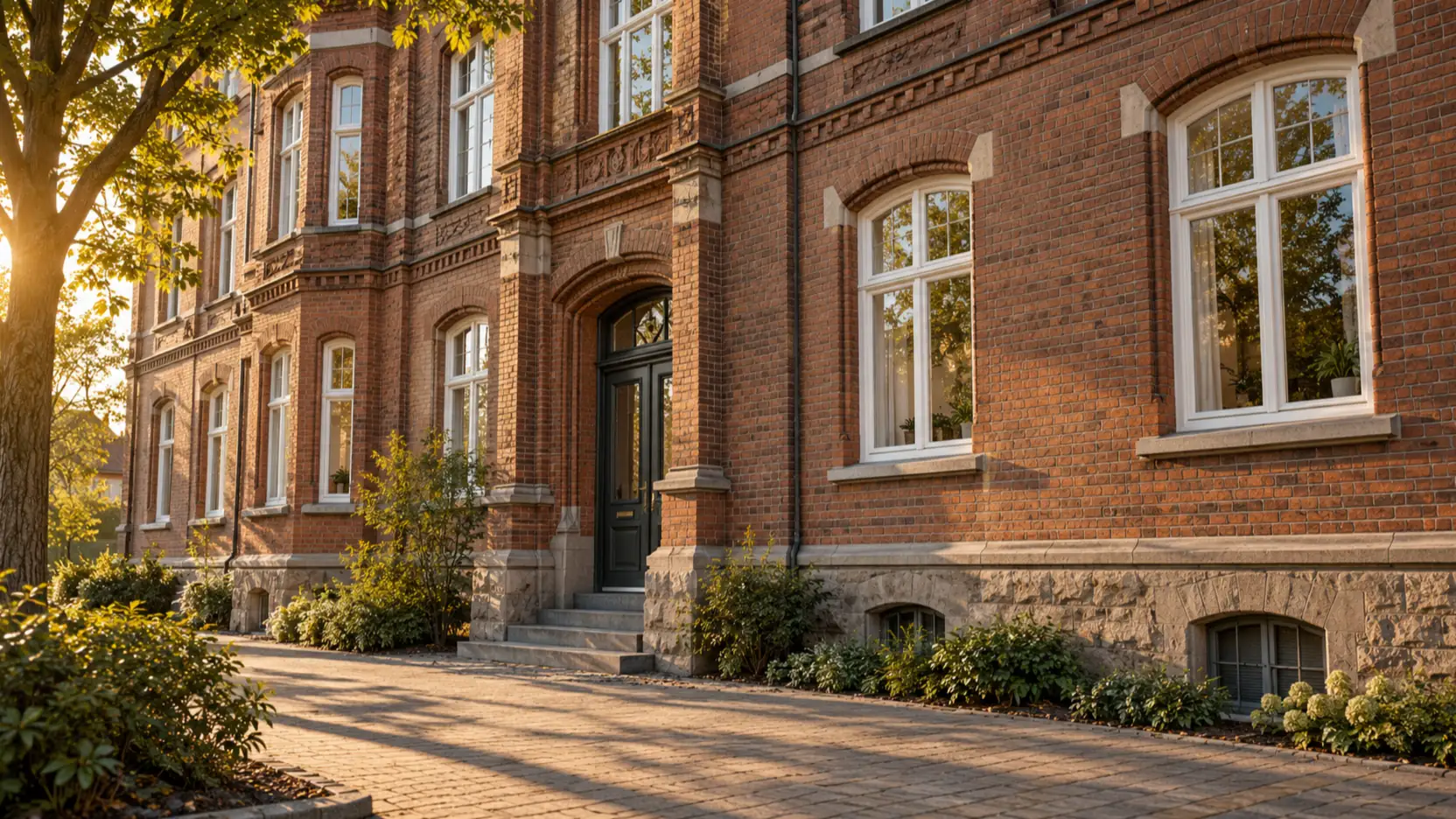 Altbau mit Backsteinfassade und Sprossenfenstern