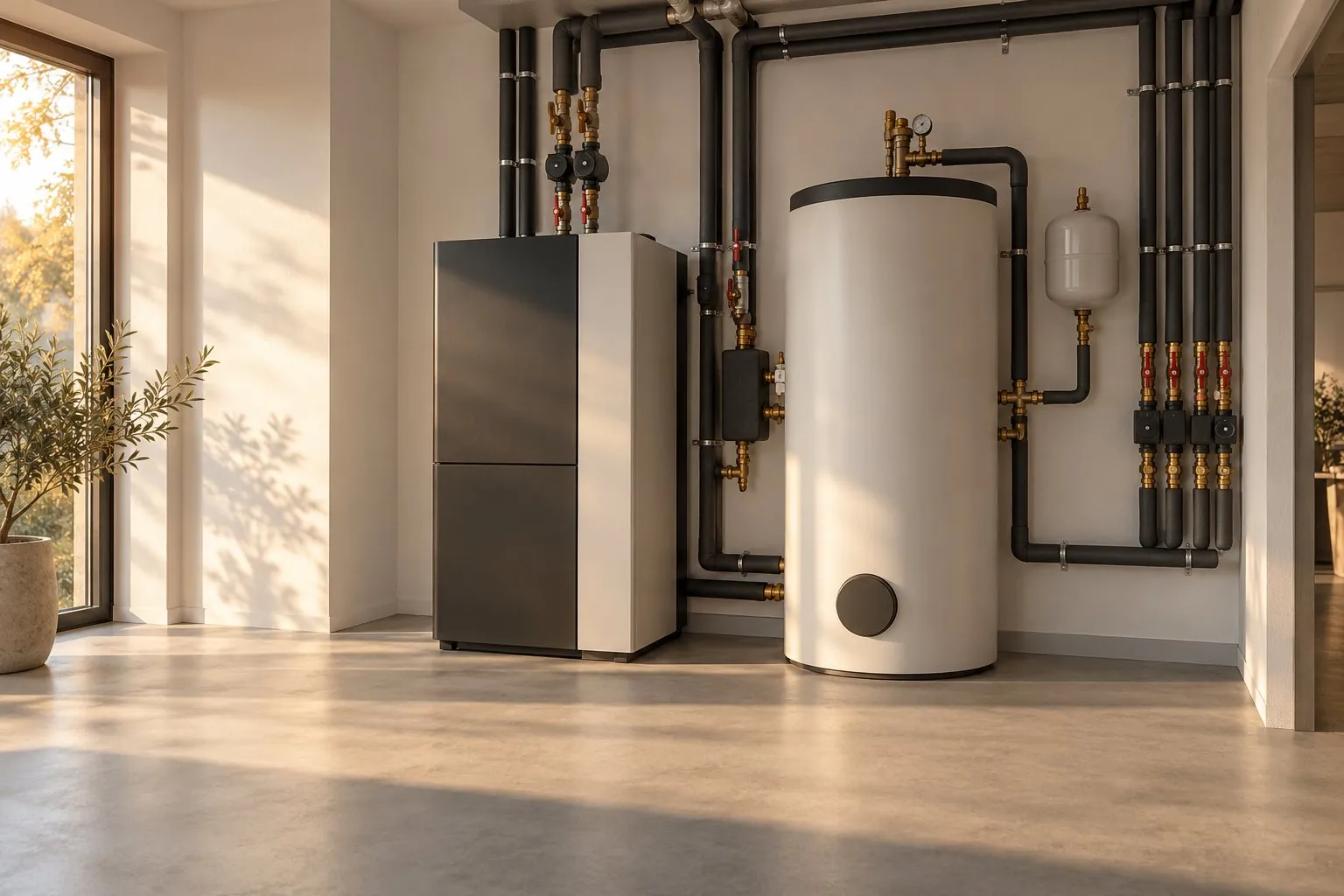 Technikraum mit Heizungsanlage, Warmwasserspeicher und Rohrleitungen